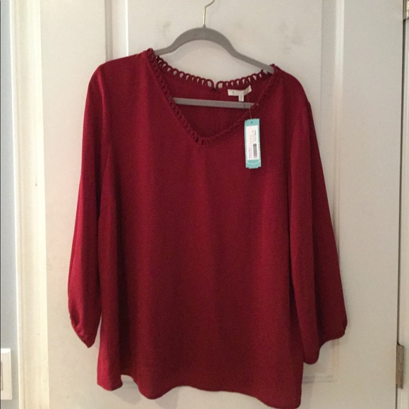 Burgundy Long Sleeve Blouse Scallop Trim - Picture 2 of 2